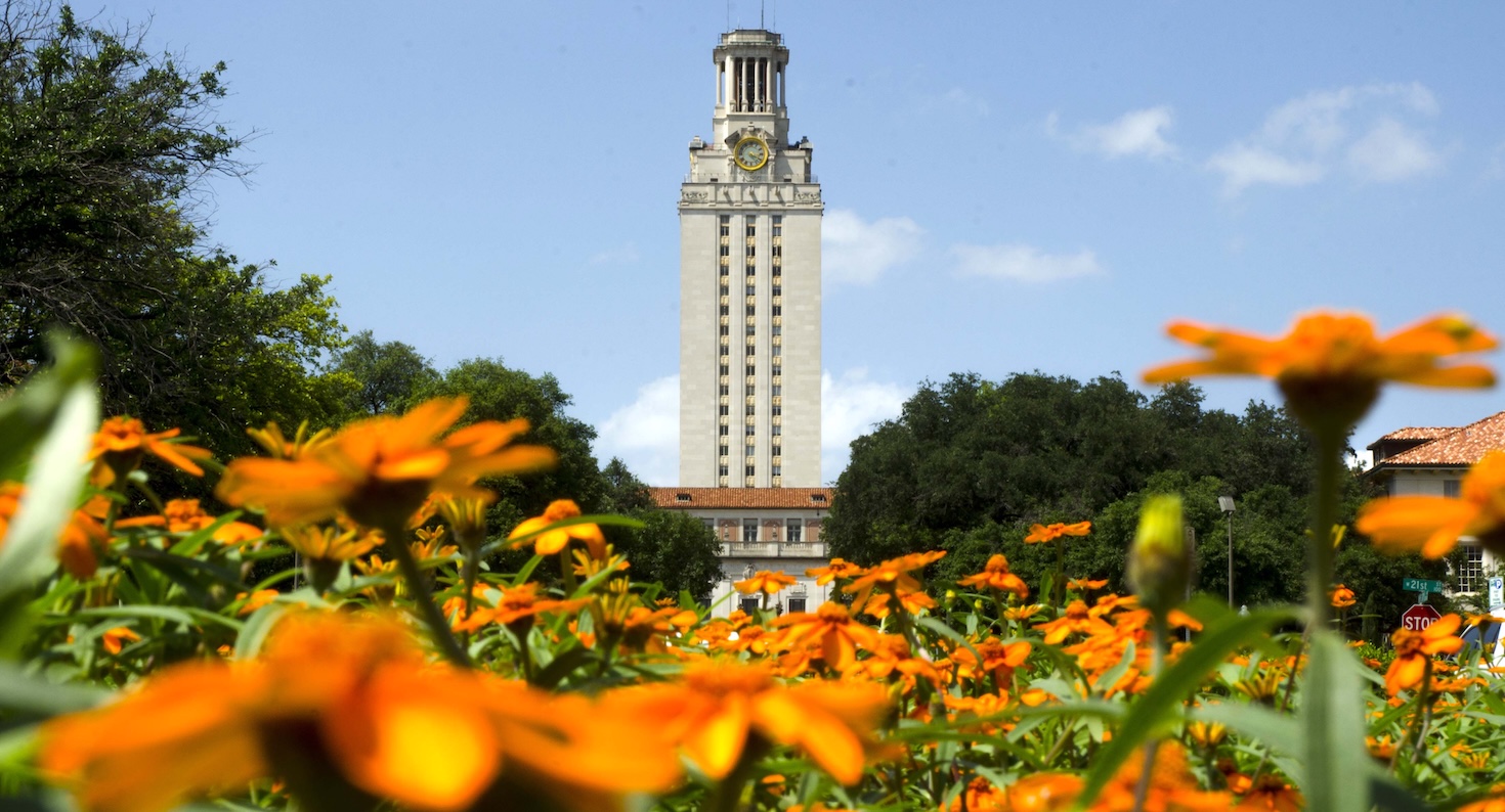 The main tower at UT Austin with orange flowers in foreground