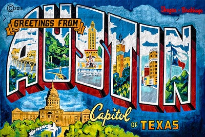 A famous mural in Austin, Texas that reads "Greeting from Austin"