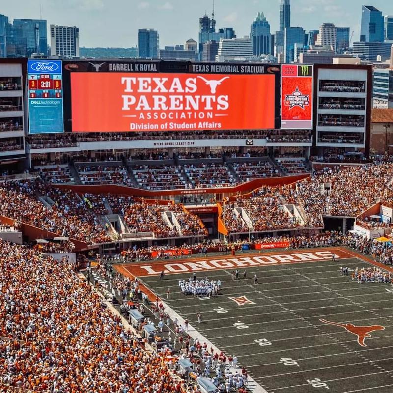 Texas Parents logo on video board display at Longhorns home game